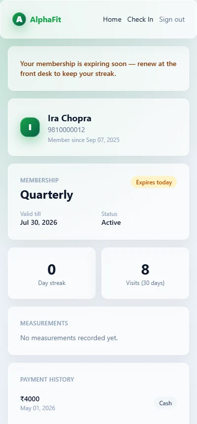 The member app on a phone, showing a renewal reminder, membership plan with expiry date, visit streak and payment history.