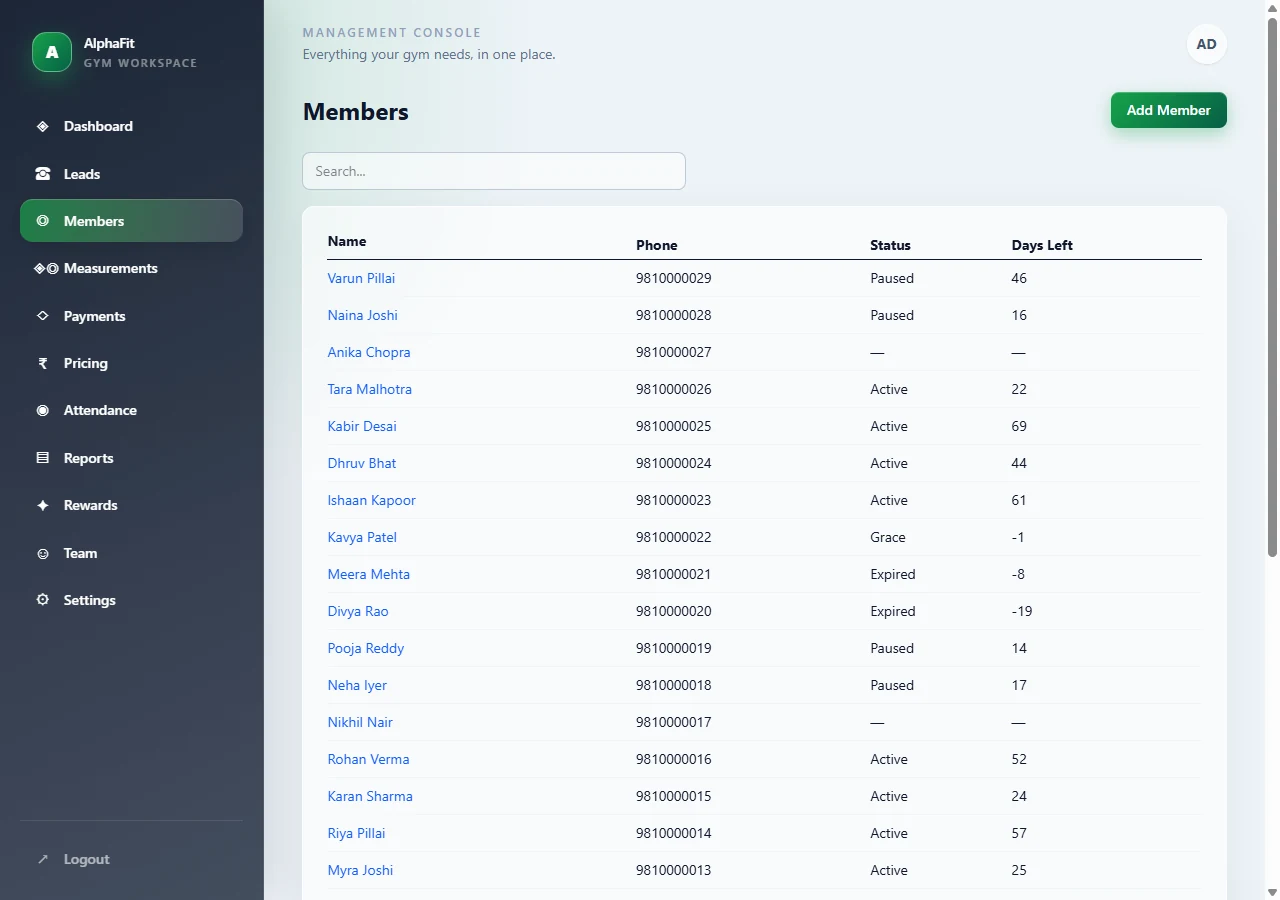 HearthGym member list showing each member's phone number, subscription status and days remaining.