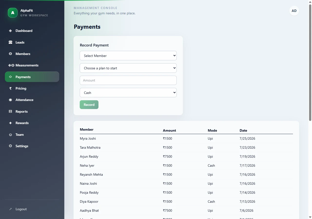 Payment recording form alongside a table of past payments showing amount, mode and date.